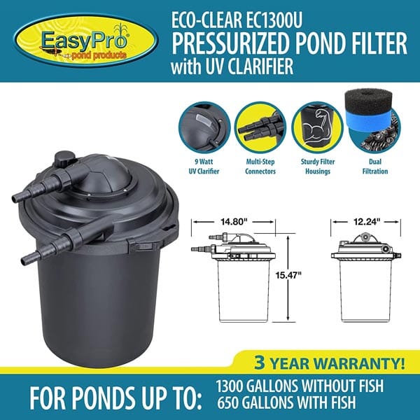 EasyPro Eco-Clear Pressurized Filter 1300 gph with 9 watt UV EasyPro