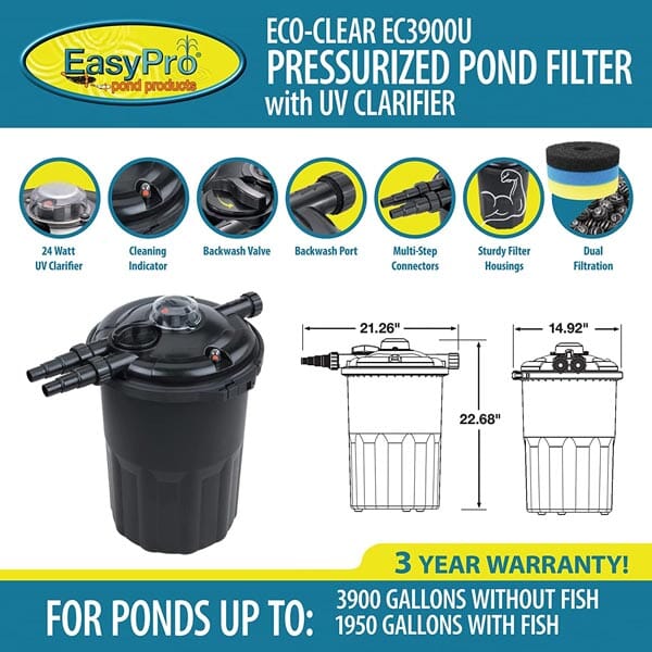 EasyPro EC3900U Eco-Clear Pressurized Filter 3900 gph - 24 Watt UV EasyPro