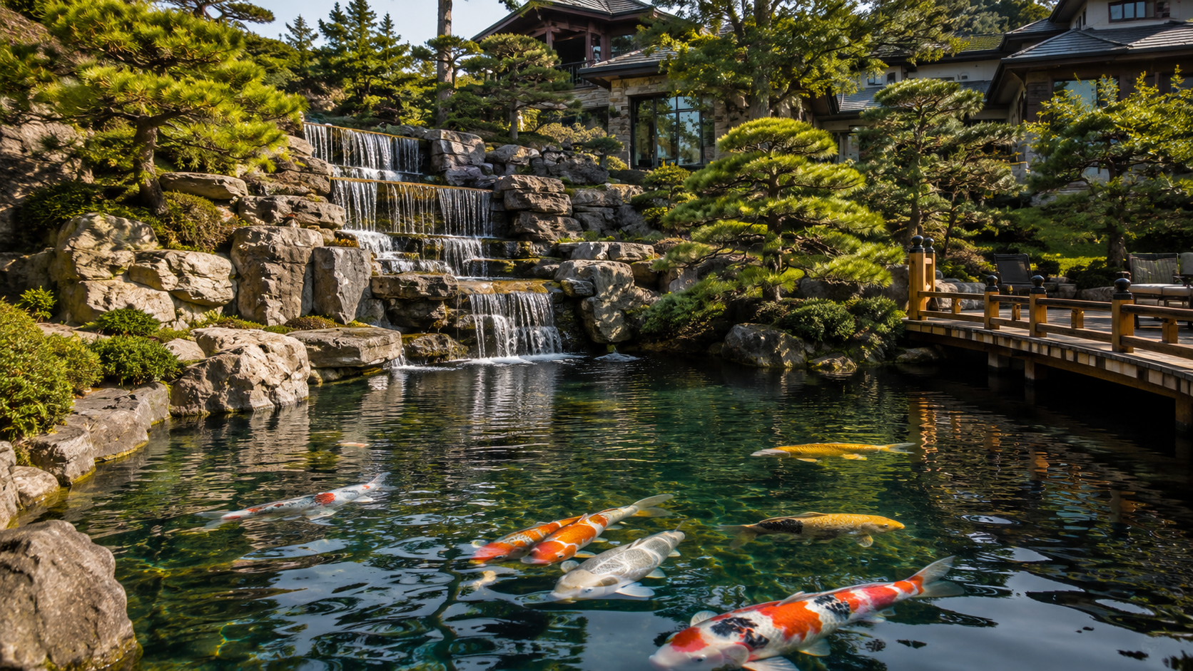 Large koi pond with waterfall